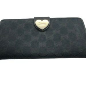 GUCCI Black Canvas & Leather Heart Snap Long Designer Double Sided Wallet